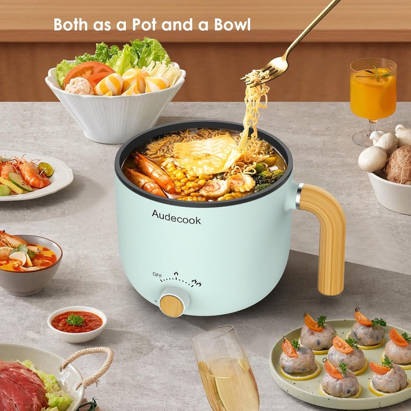 Audecook Hot Pot Electric with Steamer, 1.5L Portable Nonstick Mini Multicooker, Travel Electric Skillet with Dual Power Control for Pasta/Soup/Steak/Egg/Oatmeal (Green) - Image 3